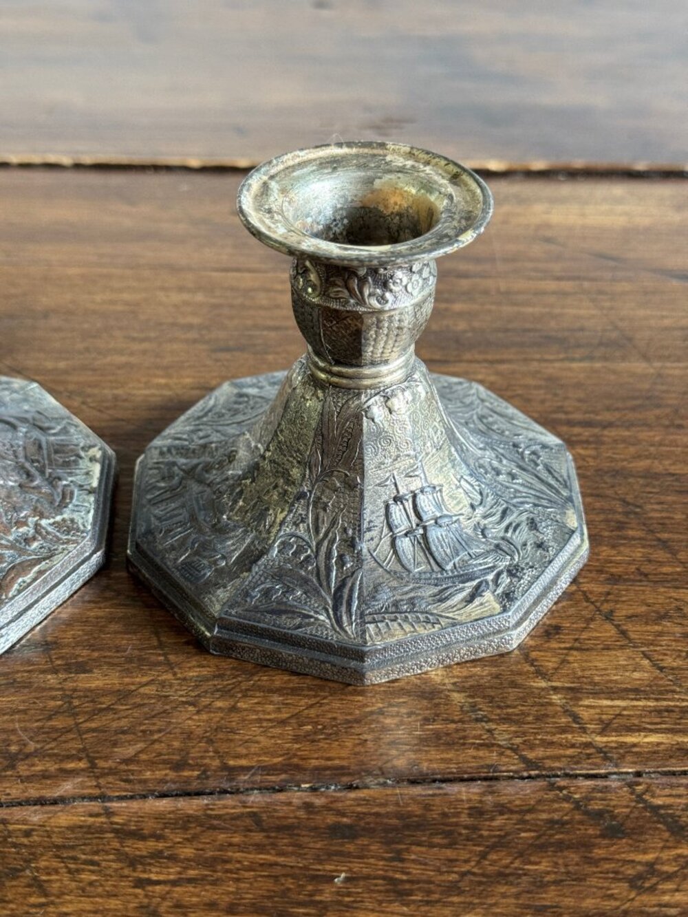 Pair of Etched Silver-Tone Repousse Candle Holders - Picture 3 of 14